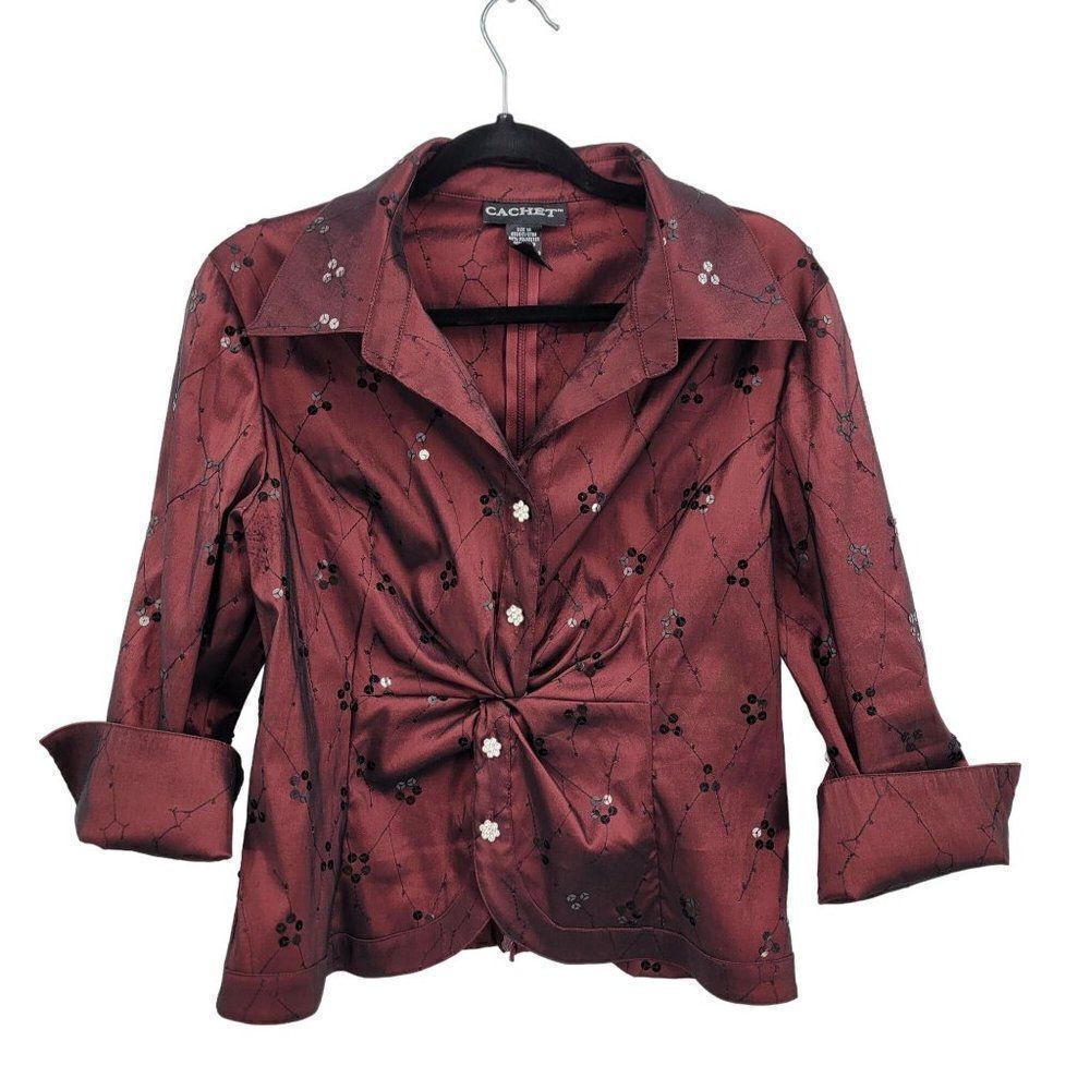 Vintage 90s Cachet Blouse‎ 14 Oxblood Sequin Embroidered Rhinestone Buttons Glam